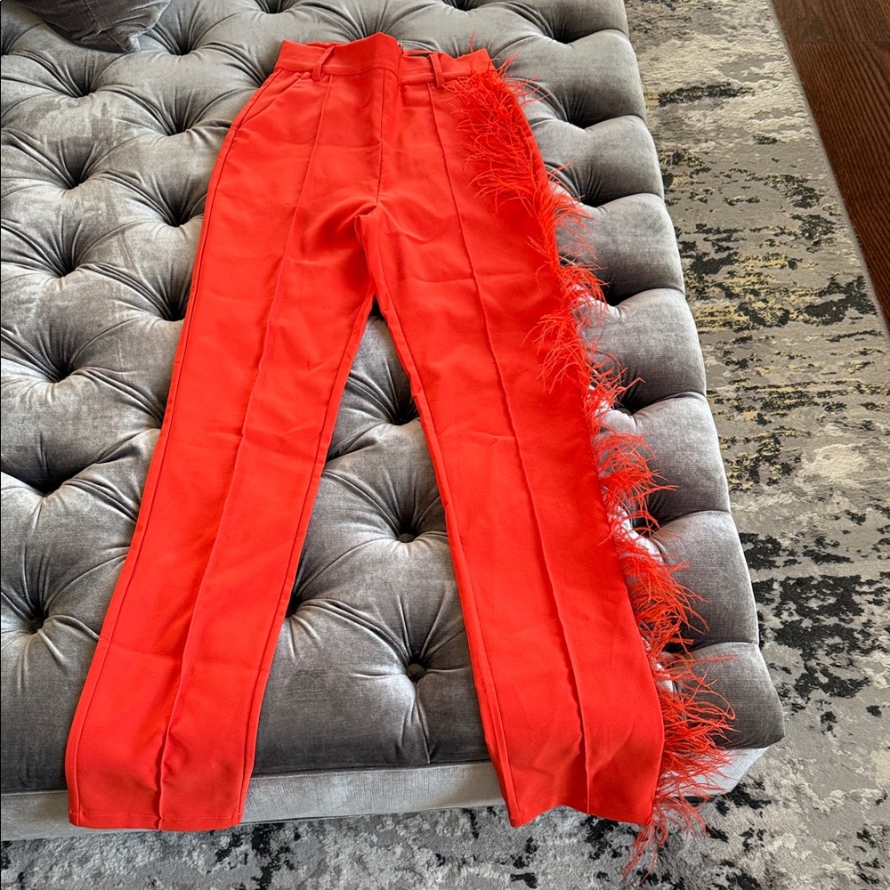 Red Feather-Trimmed Pants
